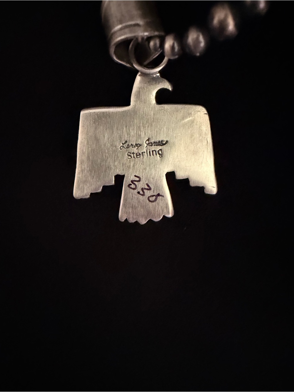 Native 925 Sterling Silver and Kingman Turquoise Thunderbird Pendant - Picture 4 of 4